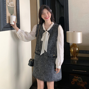 漂亮独特灰色小香风连衣裙女春秋2025年新款千金高级感假两件裙子图片