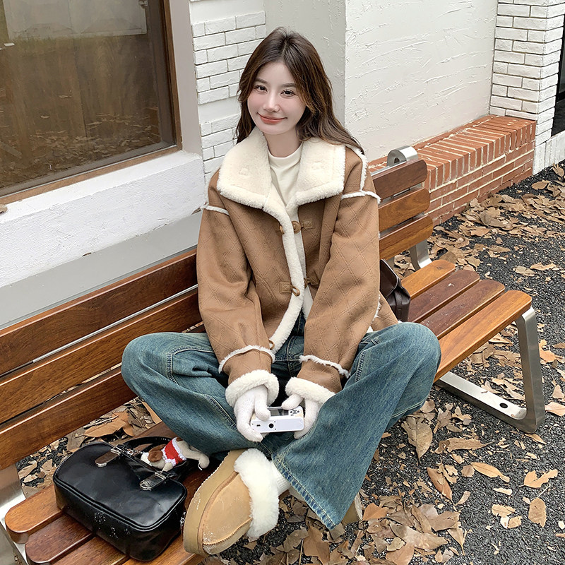 加厚立领毛绒拼接机车棉衣羊羔毛皮毛一体棉服6081P195K288,女装棉衣/棉服,维壹