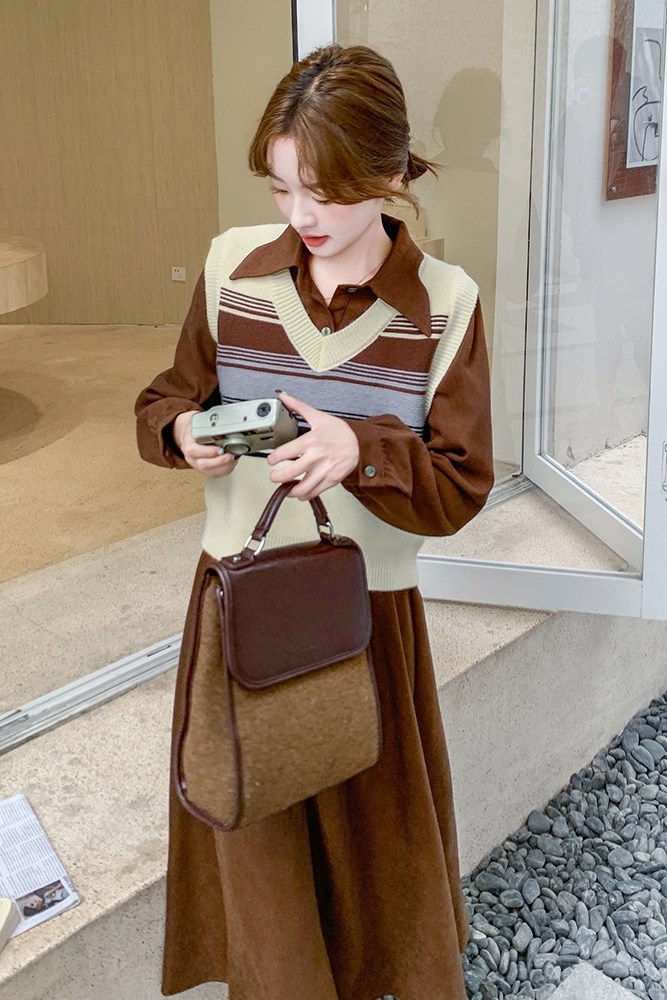 撞色条纹马甲连衣裙套装女2025春季新款复古设计感气质裙子两件套,女装连衣裙,维壹