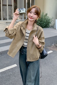 卡其色休闲翻领短外套女秋2025新款高级感穿搭小个子气质减龄夹克图片