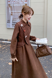 翻领女长袖花朵时尚针织毛衣马甲长裙收腰两件套6070P140K208图片