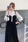 黑色拼接设计感小众丝绒连衣裙女2024春新款法式名媛气质千金长裙，女装连衣裙，2C166
