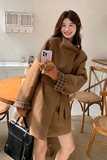 卡其色格纹拼接韩系中长款洋气复古英伦风呢大衣6071P175K258，女装毛呢外套，维壹