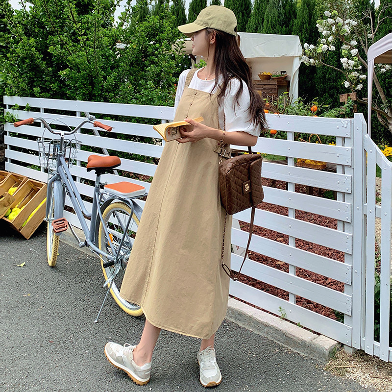 卡其色背带裙套装夏季女2025新款学院风减龄休闲泡泡袖上衣两件套,女装套装/套裙,维壹