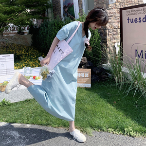 复古夏季连衣裙女2025新款时尚温柔孕妇森系小清新短袖V领直筒裙图片
