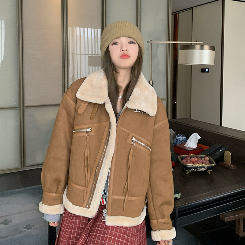 复古保暖麂皮绒小个子女皮毛一体韩系流行棉服冬季3072P190K268,女装短外套,维壹