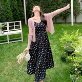 现货！粉色针织开衫吊带裙法式碎花连衣裙两件套5069P135K198，女装连衣裙，维壹