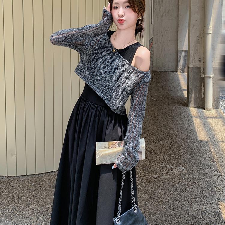 法式气质赫本风背心长裙女2025春秋季新款显瘦针织罩衫,女装连衣裙,维壹