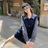 2C166设计感条纹拼接衬衫女秋季牛仔短裙两件套6015P145K218，女装套装/套裙，维壹