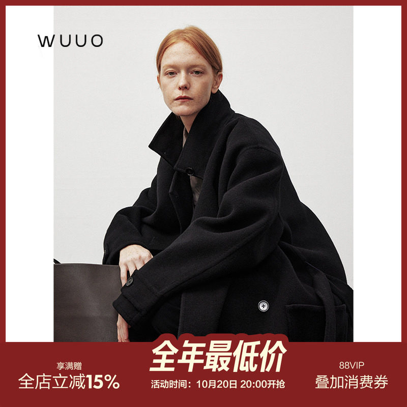 WUUO 黑色大衣女款2026新款秋冬纯羊毛长款双面呢子加厚毛呢外套