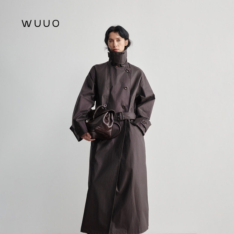 WUUO 纯棉涂层风衣女2026年秋廓形酷飒结构设计感中长款系带外套
