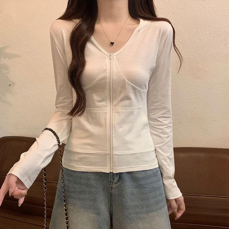 春夏白色v领拉链连帽开衫长袖t恤女薄款修身防晒衫甜辣口袋0303d