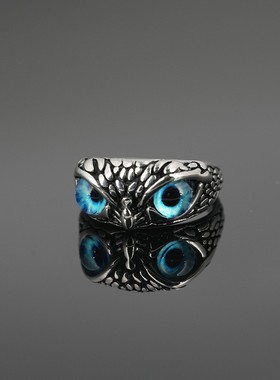 暗黑风格 不绣钢戒指男猫头鹰眼戒紫色多色复古指环个性简约戒指