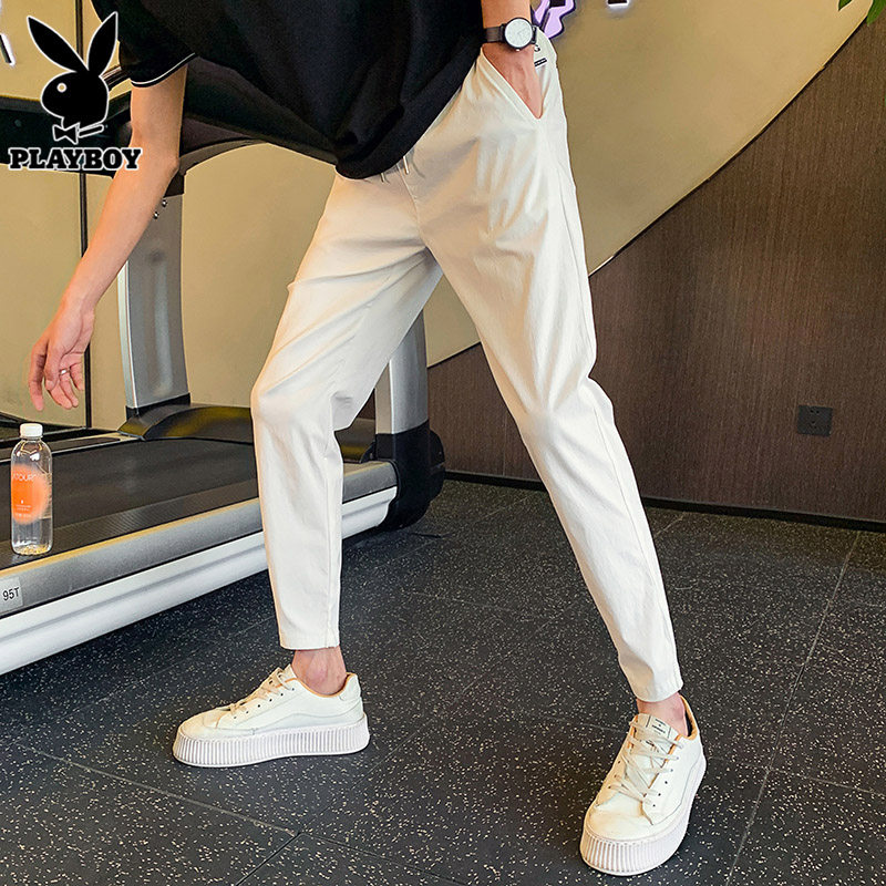 花花公子白色休闲裤男士九分裤夏季2024新款时尚潮流修身长裤子男