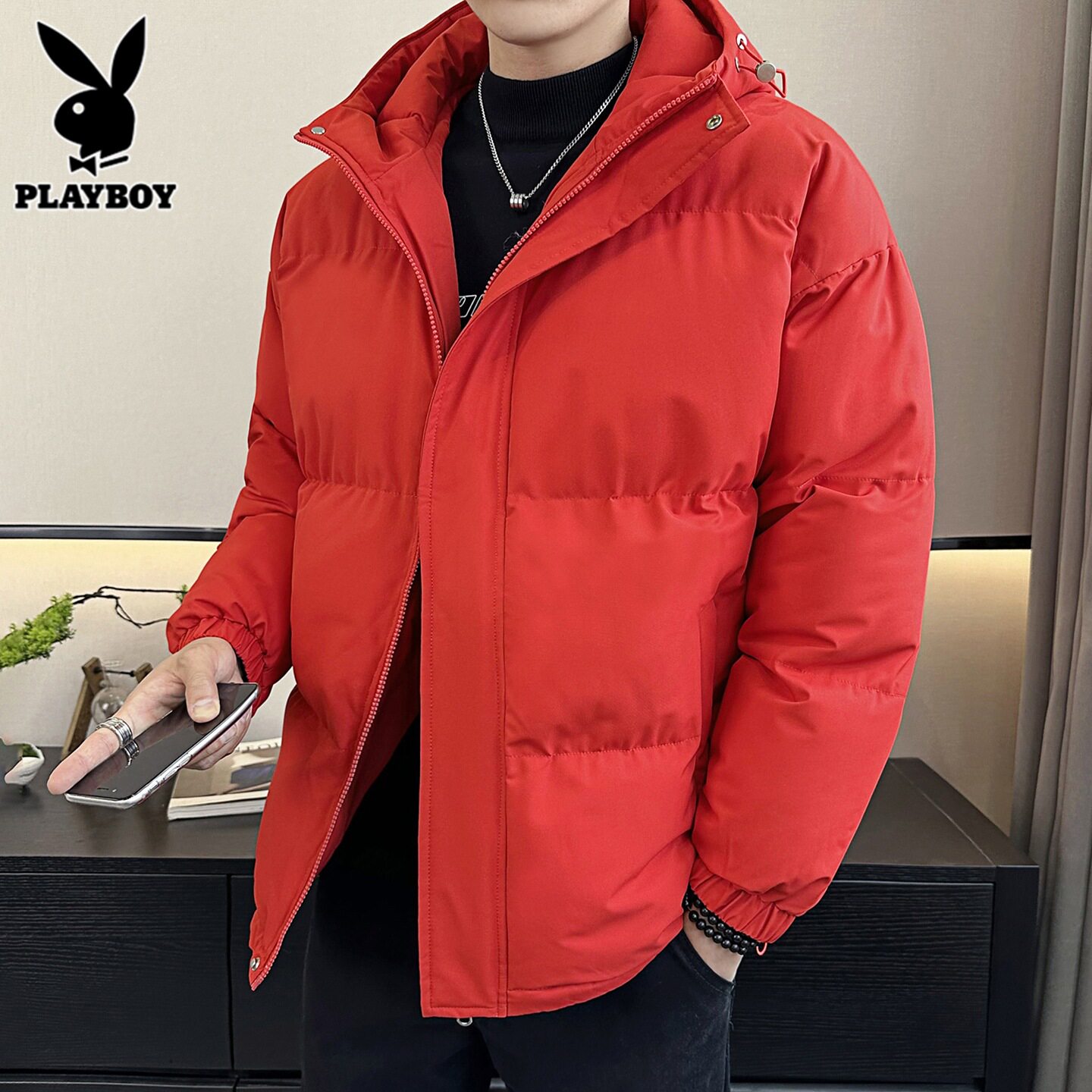 花花公子红色外套男士棉服冬季2025年新款面包服潮流连帽棉衣男款