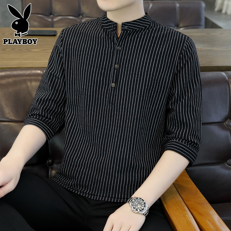 花花公子七分袖衬衫男士纯棉条纹上衣夏季潮流立领休闲短袖衬衣男