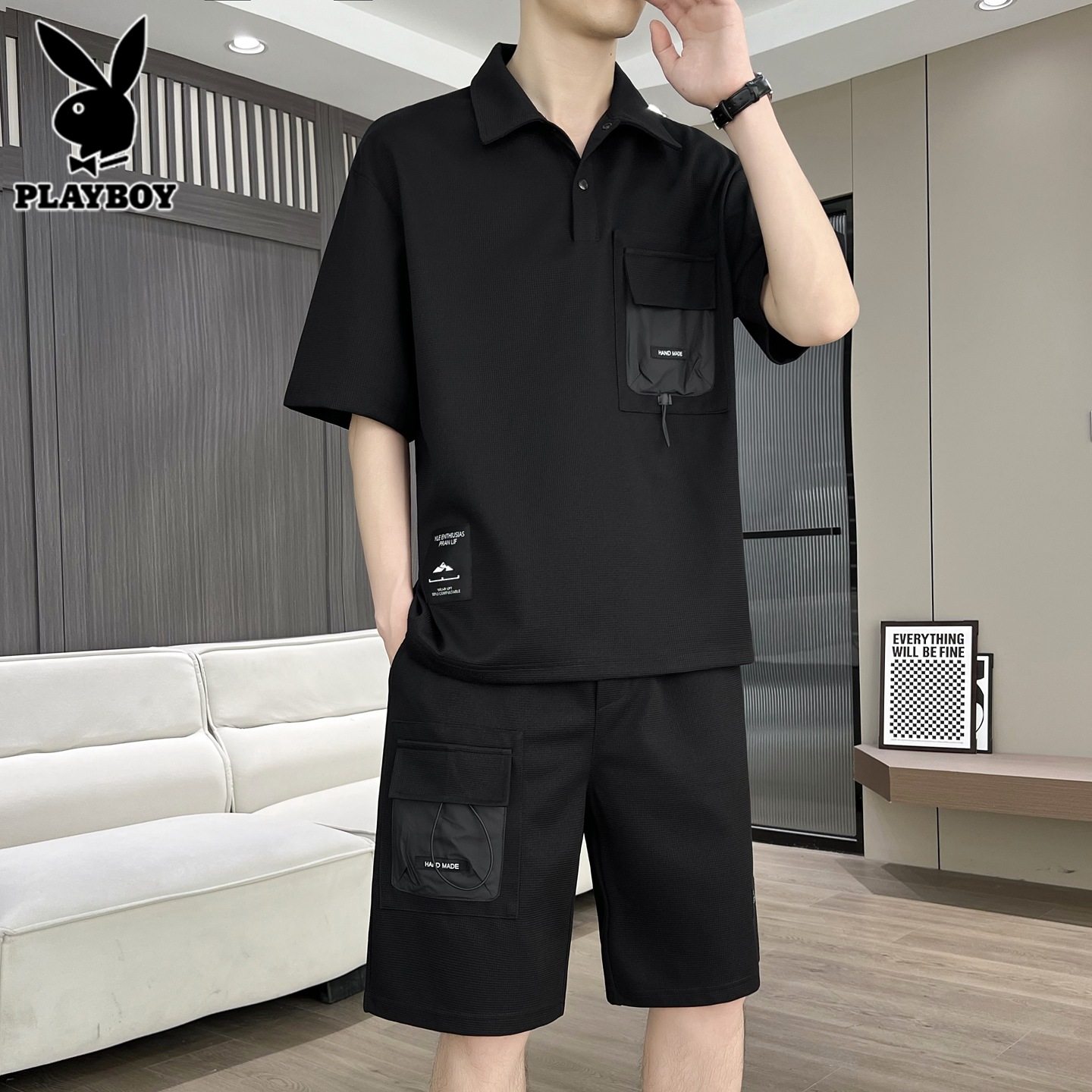 花花公子运动套装男士工装短袖Polo衫2026年夏季休闲帅气穿搭一套