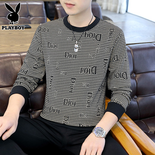 花花公子圆领卫衣男士时尚潮牌上衣服春秋季新款千鸟格长袖t恤男