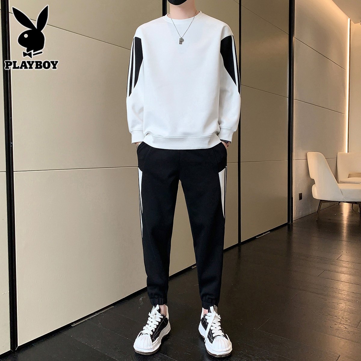 花花公子运动服套装男士2026年春季潮牌撞色休闲卫衣卫裤穿搭一套