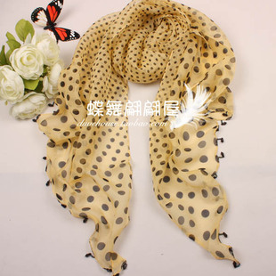 专柜在售 真丝雪纺斜角钉珠长丝巾女 春夏圆点围巾 粉色黄色
