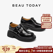 BeauToday厚底乐福鞋 英伦风小皮鞋 女春季 真皮布洛克雕花增高女鞋
