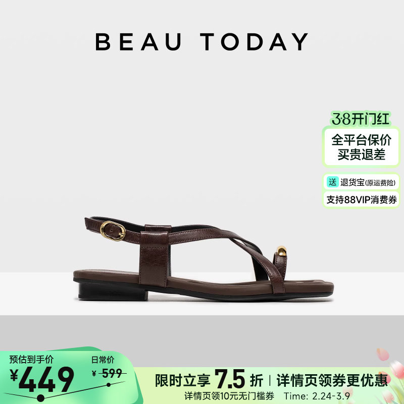 BeauToday平底时装凉鞋女夏季夹趾罗马凉鞋BT海边度假凉鞋女外穿