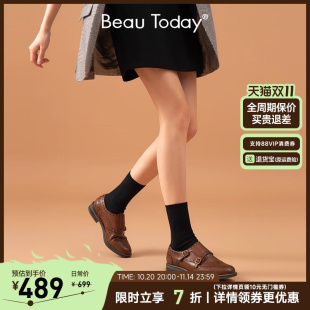 女布洛克鞋 女真皮复古英伦小皮鞋 女粗跟平底单鞋 BeauToday孟克鞋