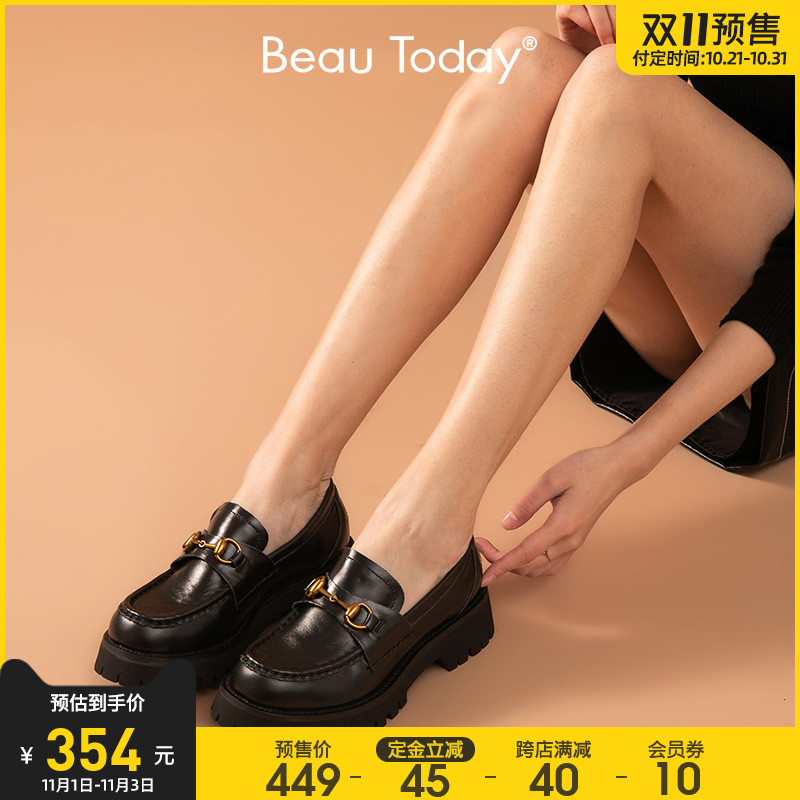 BeauToday秋季新款厚底乐福鞋女鞋英伦风增高单鞋真皮小皮鞋