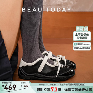 BeauToday平底玛丽珍鞋女款春季真皮休闲运动鞋浅口单鞋芭蕾舞鞋