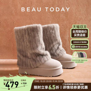 毛毛鞋 BeauToday厚底雪地靴女款 2025秋冬中筒加绒泰迪系列设计款