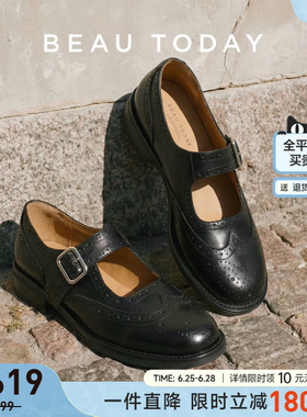 BeauToday黑色玛丽珍鞋女2026新款布洛克雕花女鞋BT英伦风小皮鞋
