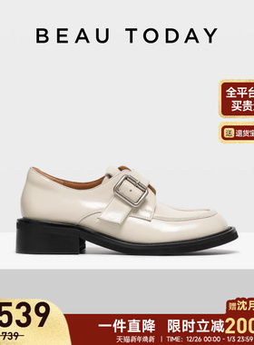 BeauToday粗跟乐福鞋女款2025秋季新款BT孟克鞋白色英伦风小皮鞋