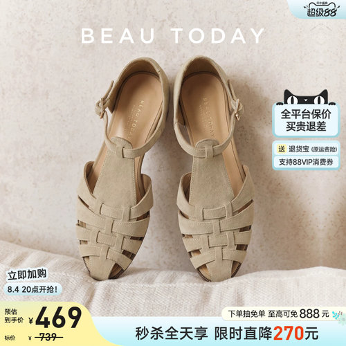 BeauToday真皮粗跟罗马凉鞋