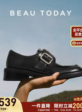 BeauToday英伦小皮鞋女2025新款秋季BT棕色乐福鞋真皮方头孟克鞋