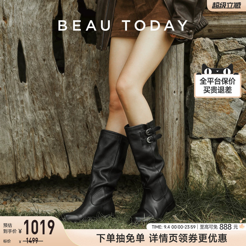 BeauToday真皮厚底中筒骑士靴图片