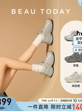 BeauToday厚底增高老爹鞋女款夏季浅灰色休闲运动鞋透气女鞋子