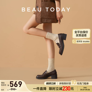BeauToday厚底乐福鞋 女英伦风miu系小皮鞋 真皮单鞋 焦糖金币