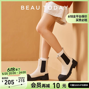 白色贝壳头女靴 BeauToday骑士靴长筒靴女厚底BT真皮高筒靴女法式