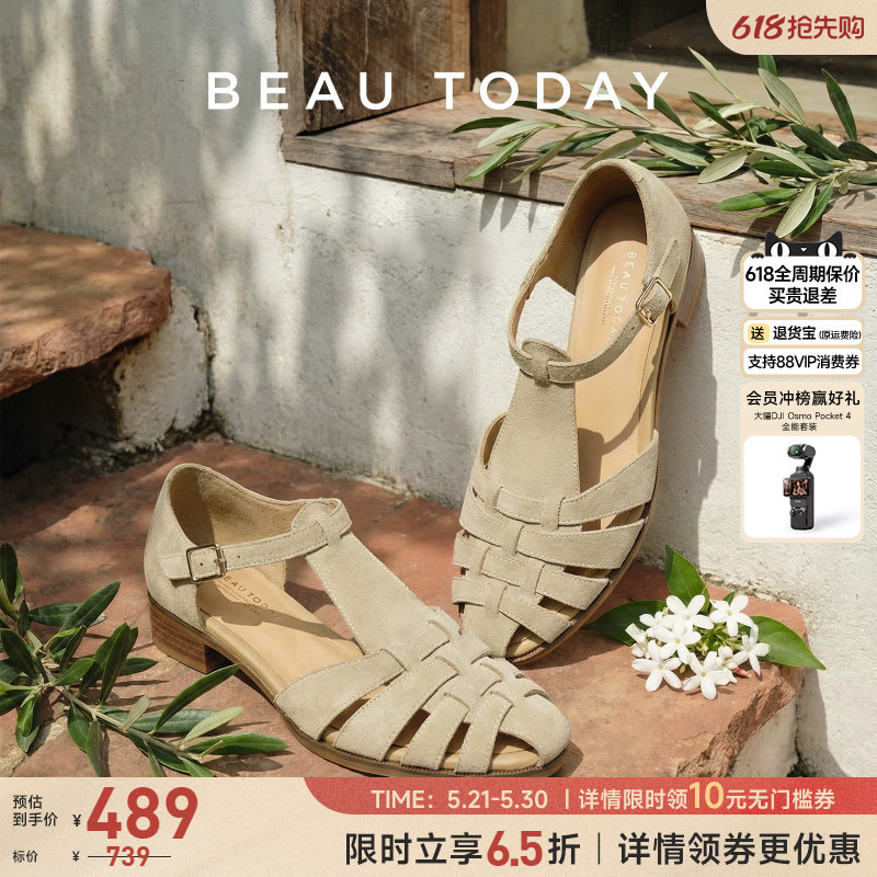 BeauToday罗马凉鞋女2026新款夏季编织镂空粗跟凉鞋真皮包头凉鞋