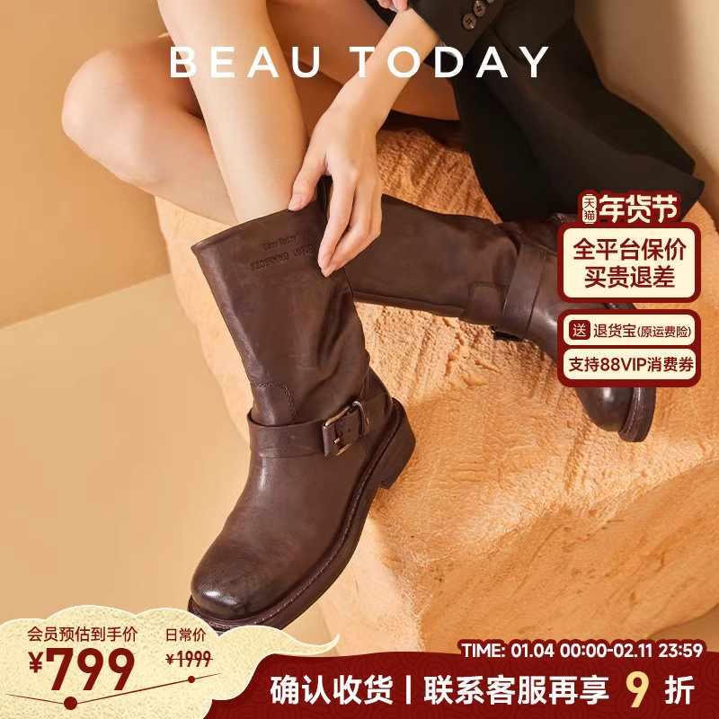 BeauToday厚底骑士靴女新款春季BT英伦风中筒靴女真皮烟筒靴子女,女鞋,骑士靴,淘宝优惠券,粉丝福利购,淘宝优惠卷