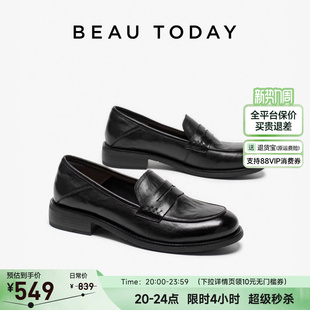 软底一脚蹬单鞋 真皮英伦风黑色小皮鞋 女春季 BeauToday厚底乐福鞋