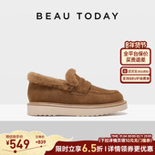女款 毛毛鞋 秋冬季 BeauToday厚底乐福鞋 增高鞋 加绒加厚棉鞋 女鞋 子