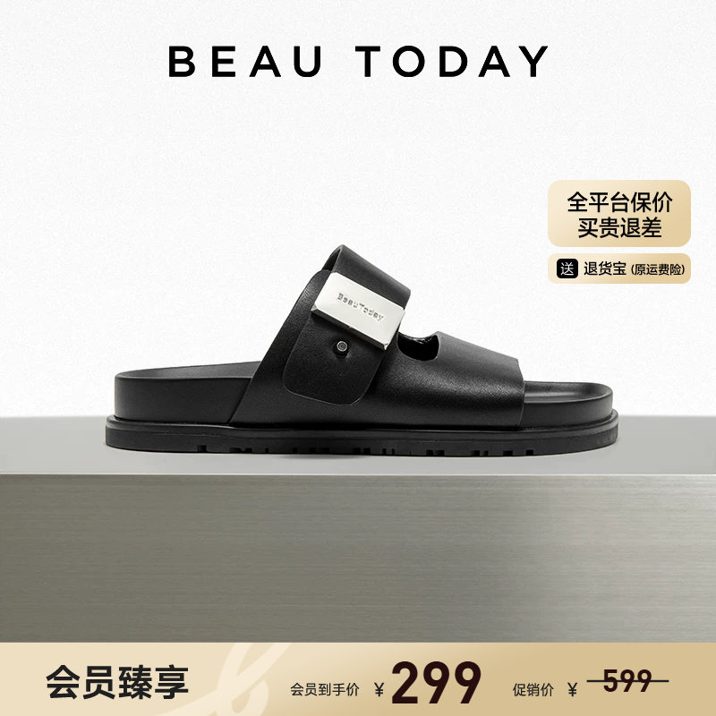 BeauToday一字带厚底真皮凉鞋图片