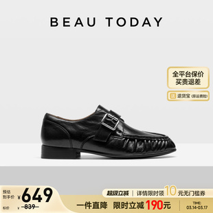 BeauToday真皮乐福鞋女款2026新款春季金属扣真皮小皮鞋黑色单鞋