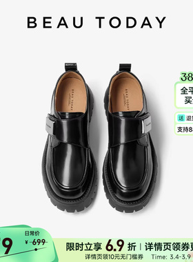 BeauToday黑色乐福鞋女款春增高真皮轻量英伦风小皮鞋厚底单鞋子
