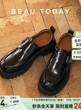 BeauToday厚底乐福鞋女春季新款真皮英伦风小皮鞋黑色单鞋增高鞋