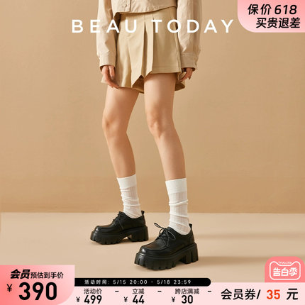 BeauToday系带英伦风小皮鞋女新款BT法式厚底乐福鞋复古女鞋单鞋