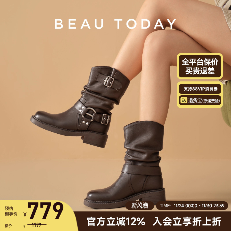 BeauToday骑士靴女款粗跟女靴