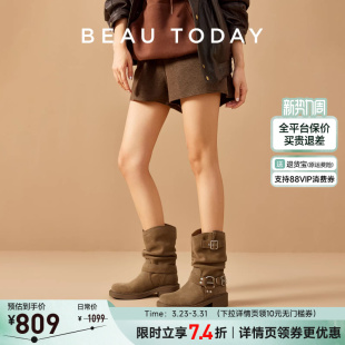 西部牛仔靴复古堆堆靴短靴 春季 BeauToday真皮靴子时尚 中筒靴女款