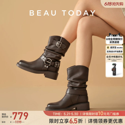 BeauToday骑士靴女款粗跟女靴